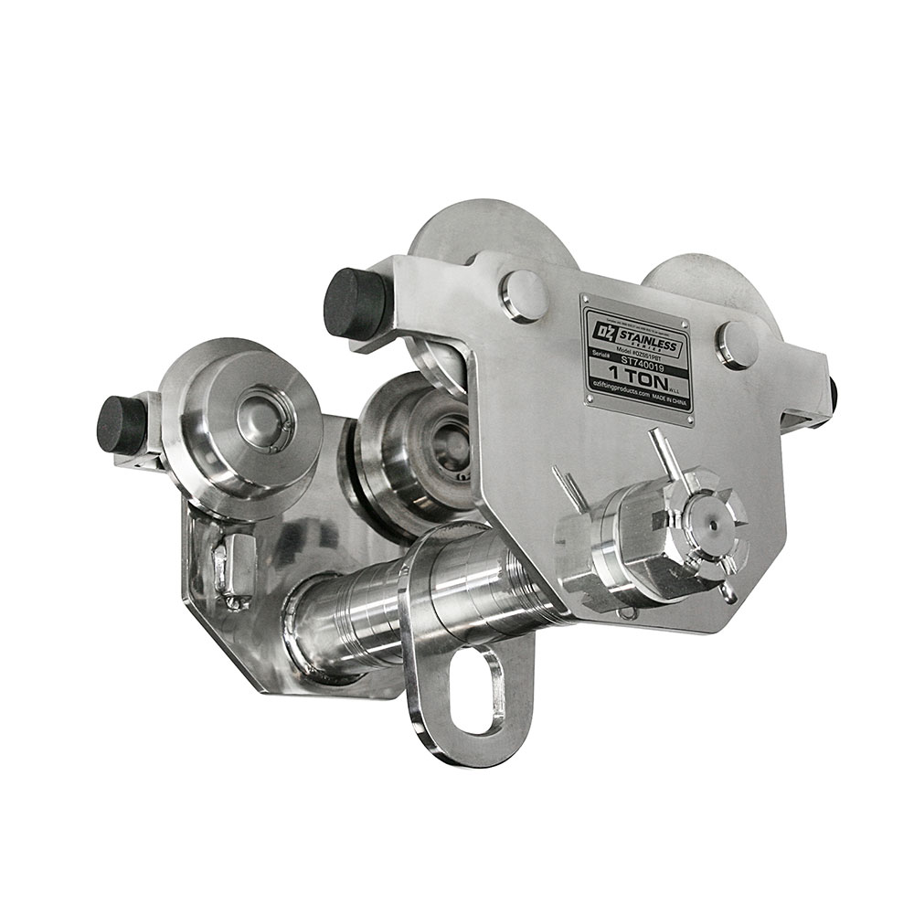 A 1 ton capacity version of OZ Lifting’s new stainless steel push beam trolley.