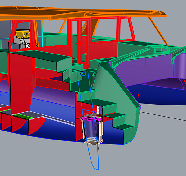A section view of the catamaran, indicating the fully retractable rudder system