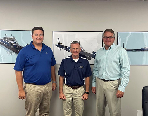 Left to right: Matthew B. Devall, Co-Owner and Director, Muddy Water Dredging, LP (MWD), Bob Wetta, President & CEO of DSC Dredge, LLC, Michael J. Kerns Co-owner & President Muddy Water Dredging, LP (MWD)