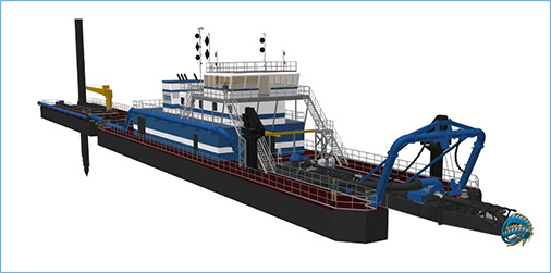 Rendering of custom 24” dual pump Marlin Class dredge