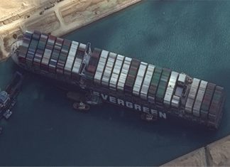 The 224,000-ton Ever Given shipping vessel blocked the Suez Canal for six days in March 2021, heavily disrupting global maritime traffic. Source: Maxar Technologies. (2021, March 26). Image of Ever Given. [Photograph]. Maxar Technologies. https://twitter.com/maxar/status/1375463844462653442.