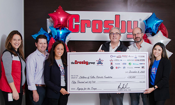 Left to right: Melissa Ruths, VP, Marketing & Product, The Crosby Group; Brock Hancock, CFO, The Crosby Group; Cynthia Kim, Co-Founder & Co-Chief of Staff, Fallen Patriots; Robert Desel, CEO, The Crosby Group; Mike Kuzdzal, COO, The Crosby Group; Stephanie Gannon, Scholarship Administrator & past scholarship recipient, Fallen Patriots