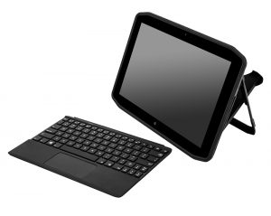 The Zebra R12 rugged tablet, with optional BT keyboard that charges while stored by an easel on the tablet’s back, offers great flexibility.