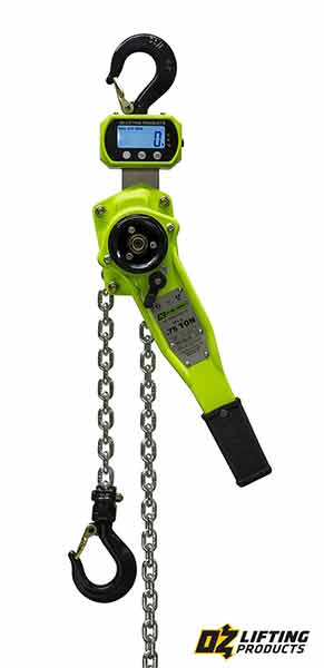 Dyno-Hoist is a dynamometer-equipped product from 0.75 (pictured) to 9 tons capacity. The three push buttons allow the user to power on / off; read in imperial / metric and display the load the hoist is seeing at a given time; and zero out the last reading.