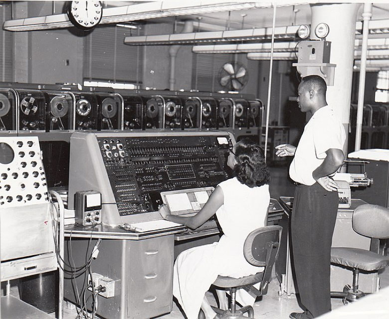 US Census Bureau employees tabluating data on one of the agency's UNIVAC computers ca. 1960