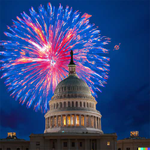 small single red, white, and blue firework explosion over capitol building DC, digital art