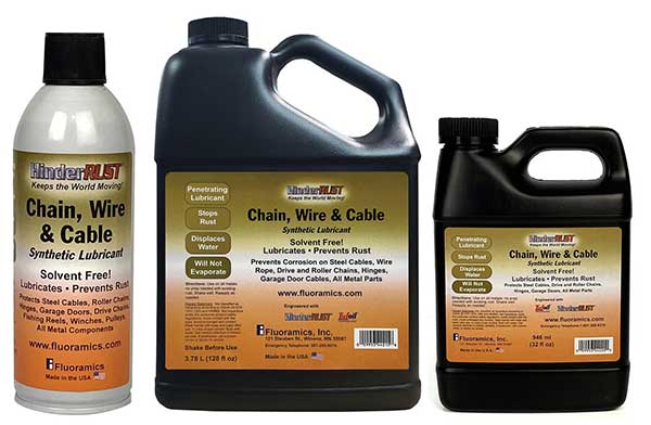 Fluoramics Chain, Wire & Cable lubricant is available in aerosol spray cans, gallons, and quarts.
