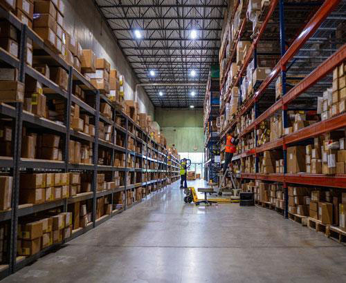 View down an aisle inside a McCollister’s warehouse facility.