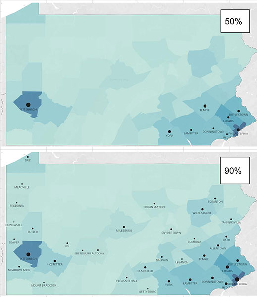 Picture 2: Minimal number of distribution centers for 50% and 90% service level in PA.