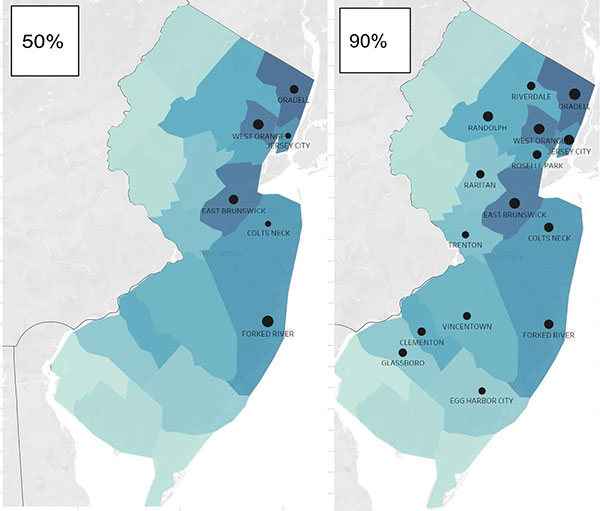 Picture 1: Minimal number of distribution centers for 50% and 90% service level in NJ.