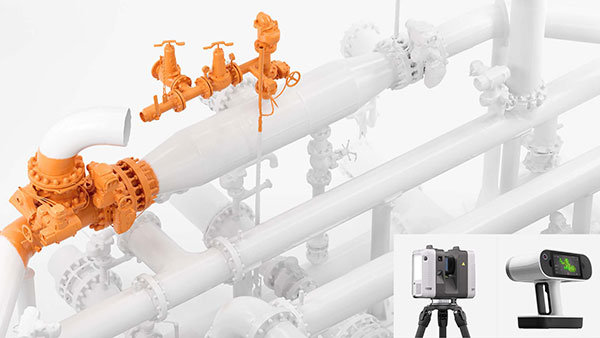 Data from Artec Leo and Artec Ray II being combined to create a detailed Digital Twin of a pipe network.