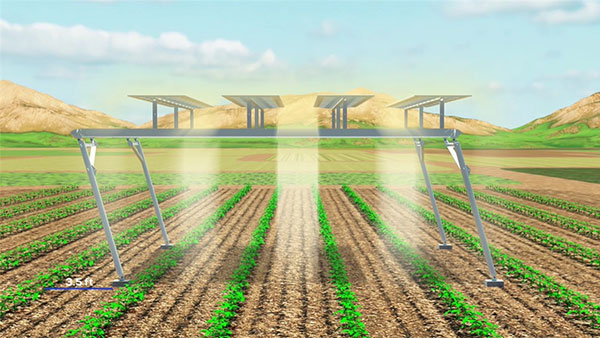To reduce sun exposure, the structure can shift to use the solar panels to shade crops.