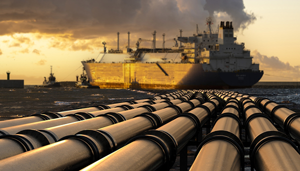 Pipelines leading to the LNG terminal and the LNG tanker.