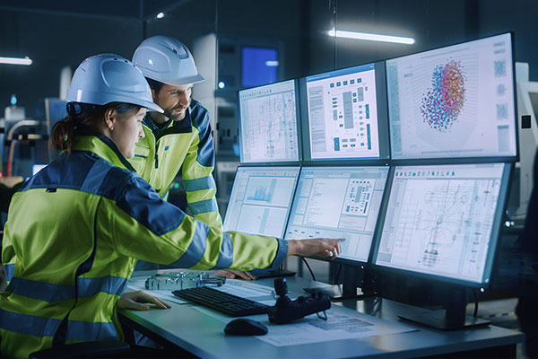 A project engineer talks to a facility production line operator in front of multiple computer monitors displaying various stages of the assembly process