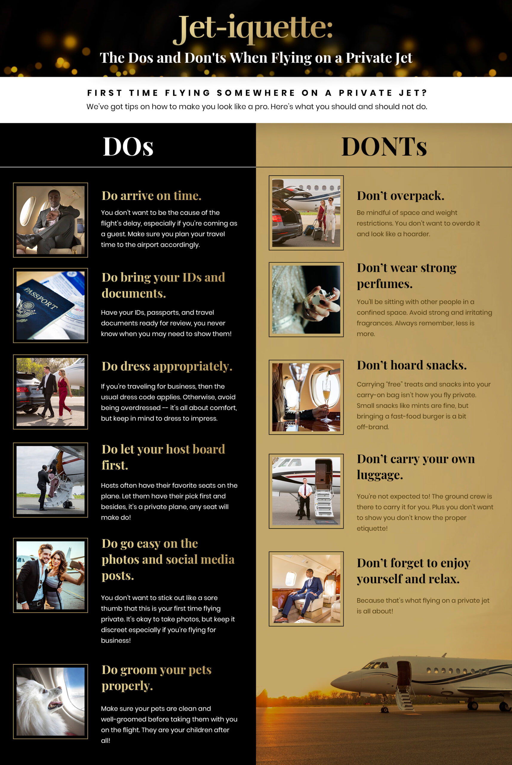 the dos and donts when flying on a private jet infographic