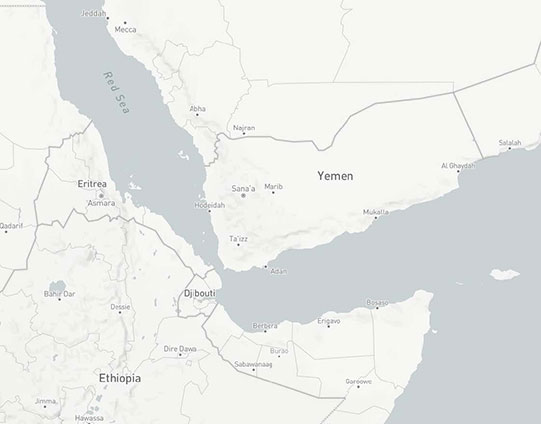 Close up of the Bab el-Mandeb Strait that
connects the Gulf of Aden to the Red Sea.
