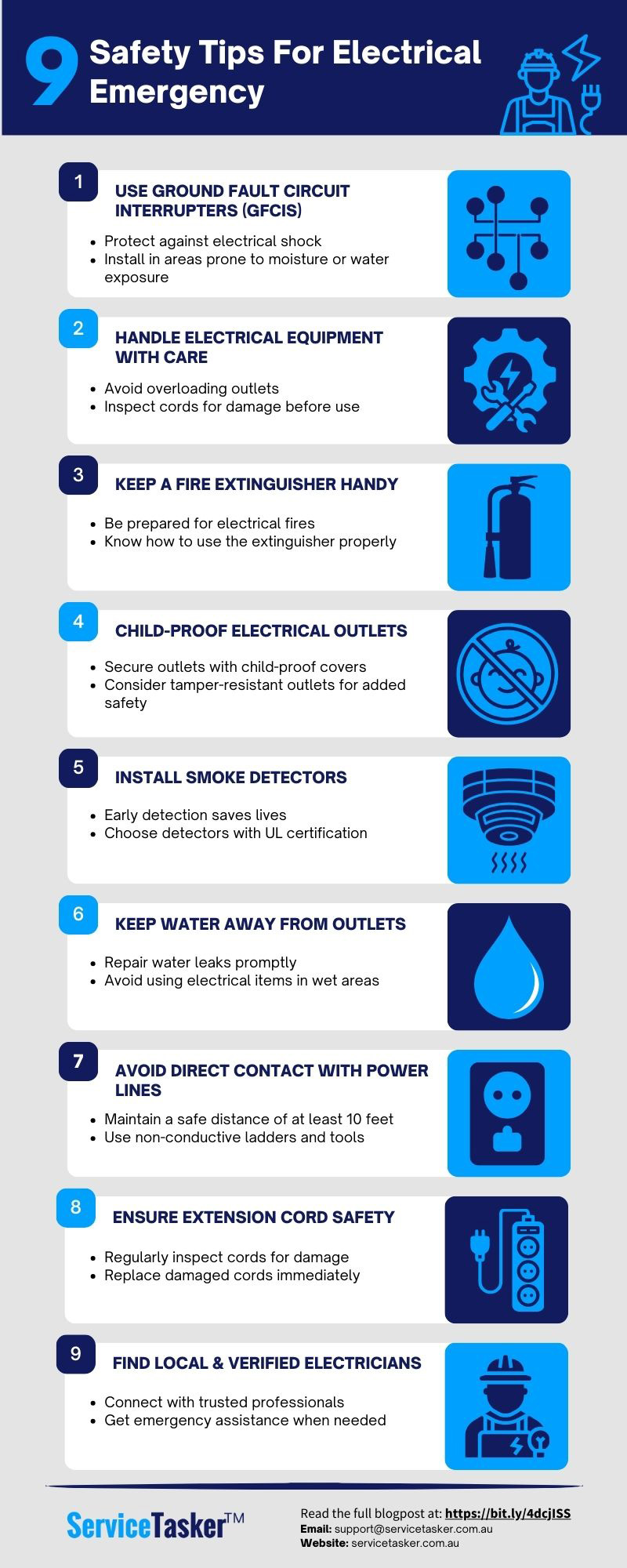 servicetasker safety tips for electrical emergency infographic