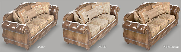 Modeled leather, wood, and fabric couch shown with three tone mappers.