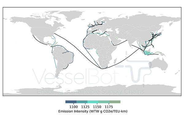Short-range voyages lead in CO2 intensity. Map shows top 500 high-intensity routes, challenging assumptions about maritime emissions.