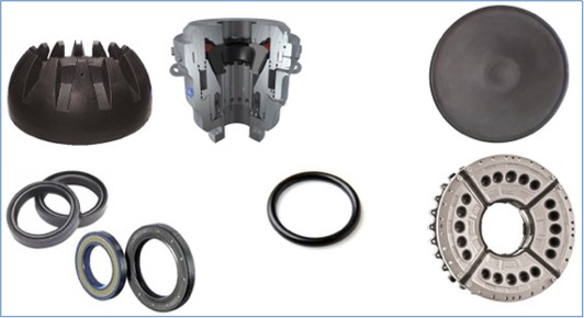 Elastomer moulded parts produced on Wickert presses (from left to right, top row): Shut-off valves for oil or gas wells, rubber diaphragm, (bottom row) radial shaft seals, O-ring, coupling made of a rubber-metal connection with a diameter of 2 meters (picture: Wickert).
